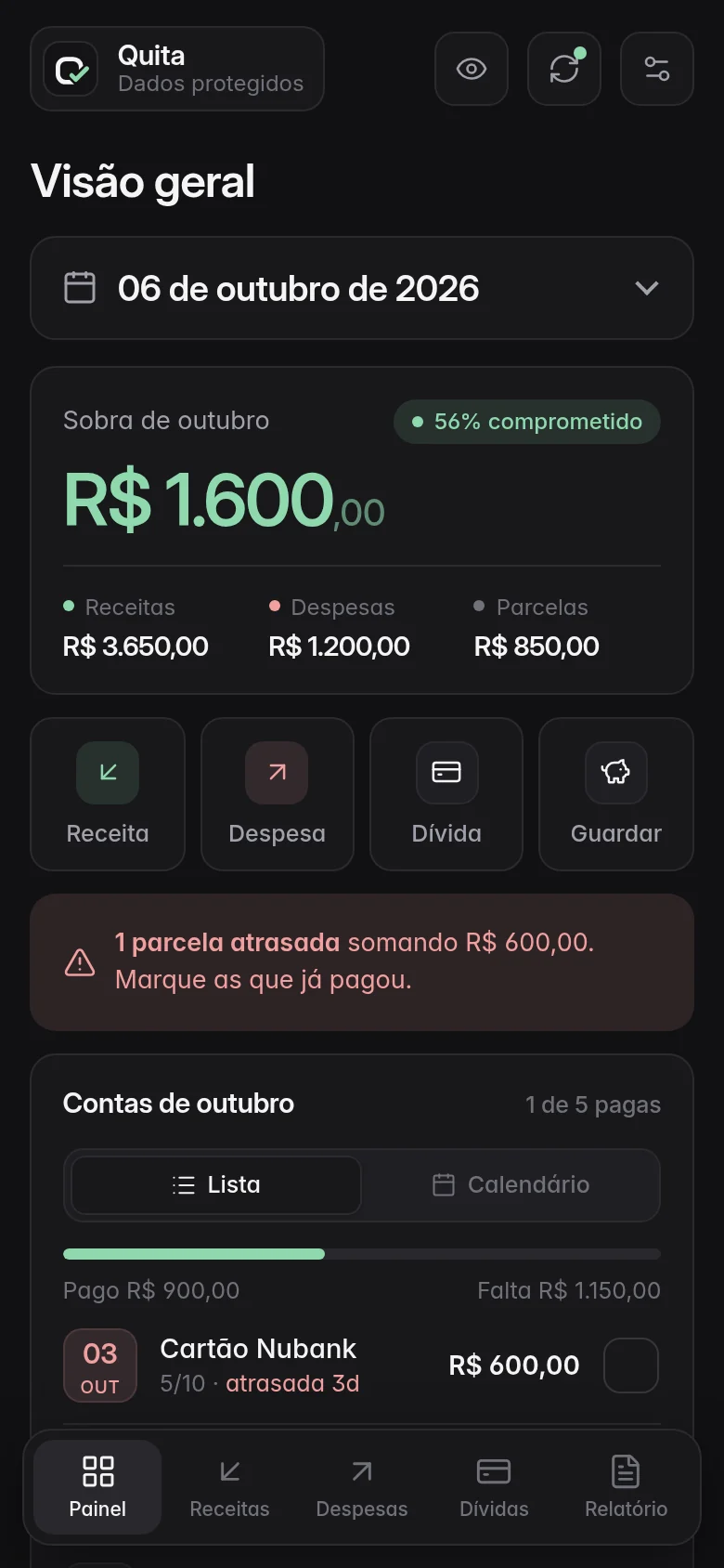 Painel do Meu Quita mostrando a sobra do mês